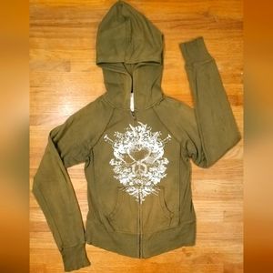 Vintage Y2K 2000s Army Green Raw Edge Zip Up Hoodie Simply Irresistible Size S